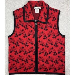 Timberlea Sweater Vest 100% Wool Black Red Floral Flowers Full Zip Womens Medium